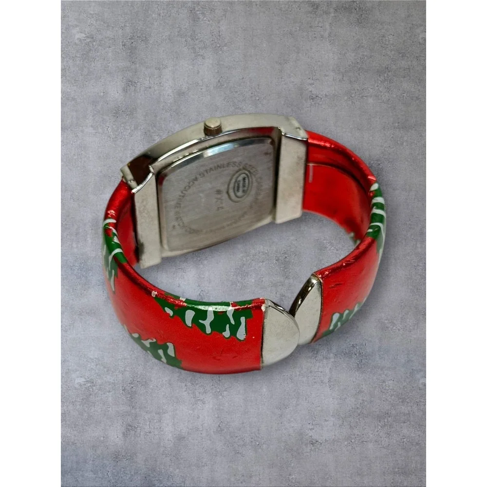 Accutime Christmas Tree Cuff Watch Womens Red Silver Fair Holiday Novelty